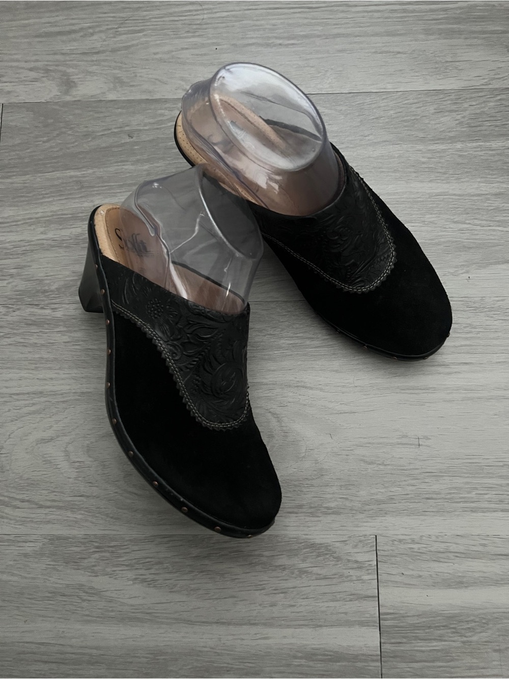 Söfft Black Suede Tooled Leather Western Heeled Mules Clogs 7.5M